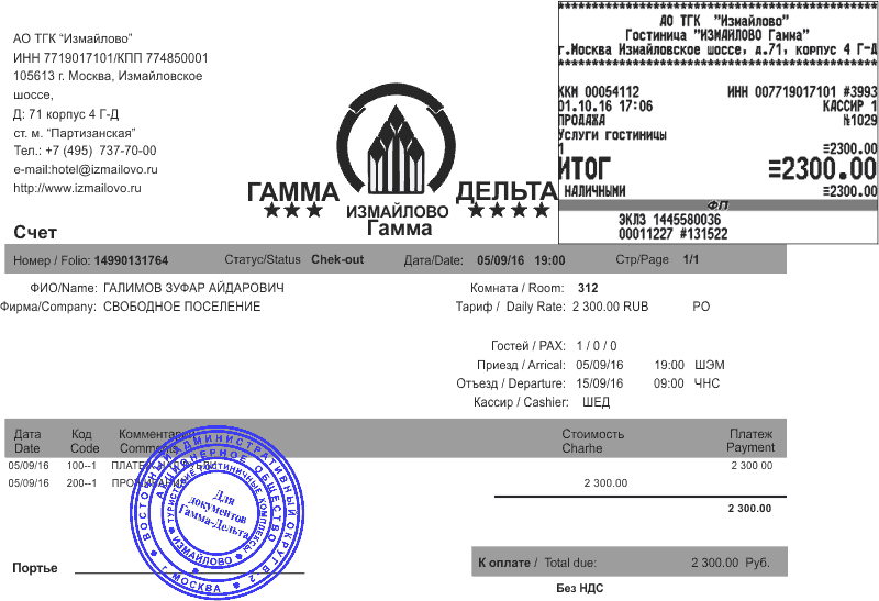 гостиничные чеки с подтверждением